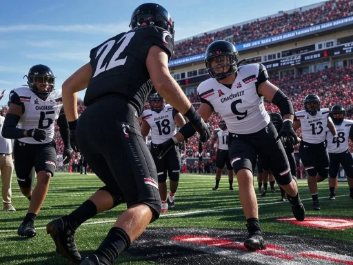 Football players in a line, preparing for a kickoff, with a stadium filled with spectators in the background.