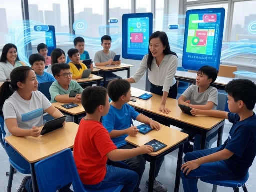 A teacher engaging students in a classroom with digital tablets and large interactive screens displaying data and graphics.