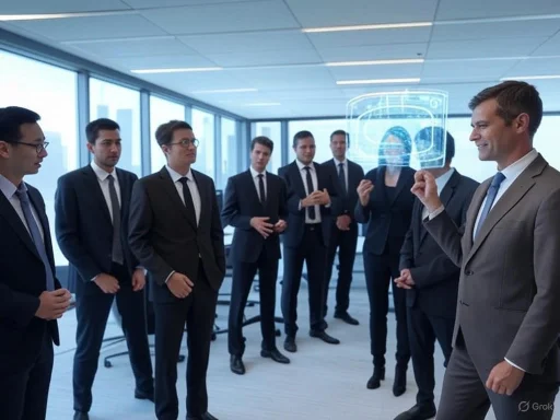 Business professionals in a meeting, with a holographic digital display of a computer monitor.