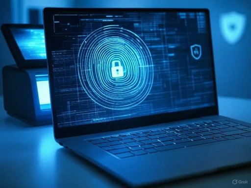 A laptop displays a digital lock and security graphics, symbolizing cybersecurity or data protection.