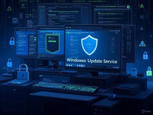 Multiple monitors displaying security updates and shields, surrounded by padlocks, symbolizing cybersecurity protection.