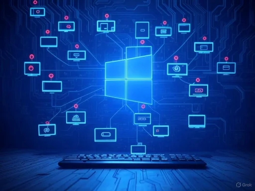 A digital illustration of interconnected computer screens forming a network around a central Windows logo.