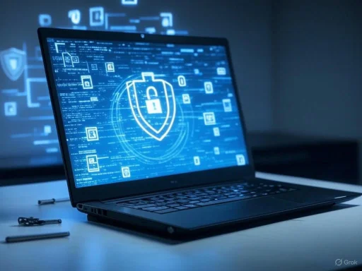 A laptop displaying a digital security shield with a lock, symbolizing cybersecurity protection. A laptop displaying a digital security shield with a lock, symbolizing cybersecurity protection.