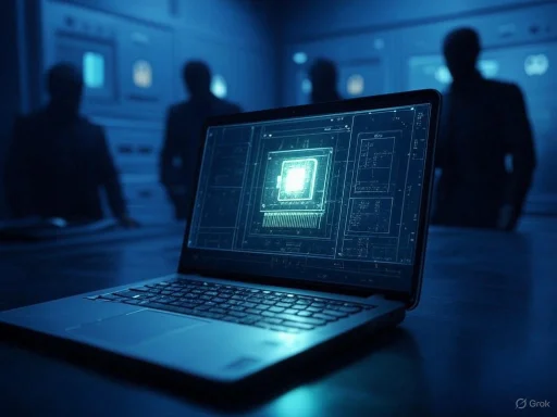 A laptop displaying a digital circuit diagram, with silhouettes of people in a tech-focused, darkened conference room.
