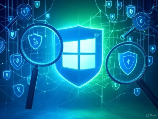 Magnifying glasses highlight security shields with protective symbols around a Windows logo, symbolizing cybersecurity.