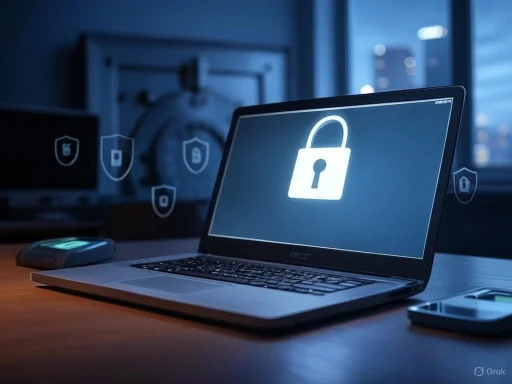 A laptop displays a padlock icon, symbolizing digital security and data protection.