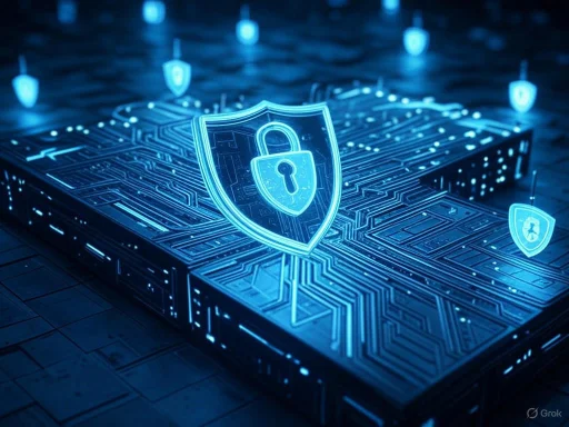 Futuristic digital security shields protect data on a circuit board, symbolizing cybersecurity and data protection. Futuristic digital security shields protect data on a circuit board, symbolizing cybersecurity and data protection.
