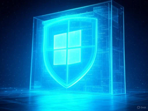 A glowing, digital shield with Windows logo, symbolizing cybersecurity or protection in a high-tech environment. A glowing, digital shield with Windows logo, symbolizing cybersecurity or protection in a high-tech environment.
