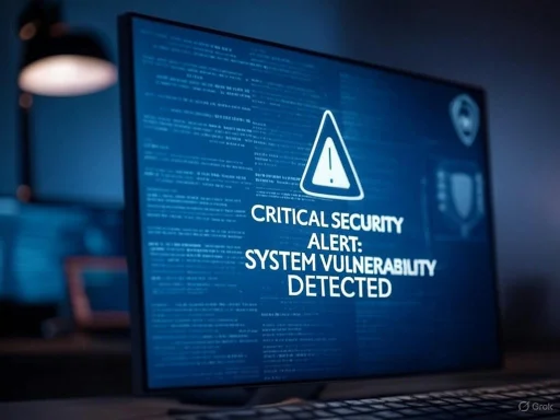 A computer screen displays a cybersecurity warning: 'Critical security alert: system vulnerability detected.' A computer screen displays a cybersecurity warning: 'Critical security alert: system vulnerability detected.'