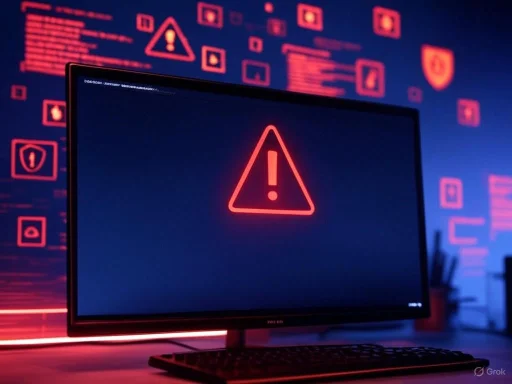 A computer monitor displays a warning symbol with an exclamation mark inside a triangle, indicating a security alert or error.