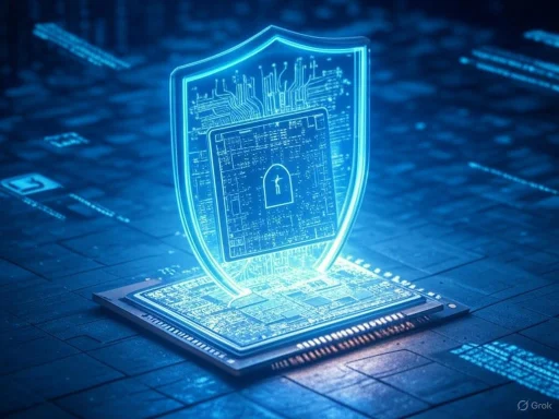 A digital hologram of a shield with a padlock, symbolizing cybersecurity, projected over a circuit board.