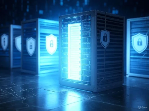 Server racks with security shields and locks, illuminated by blue light, represent digital data protection.