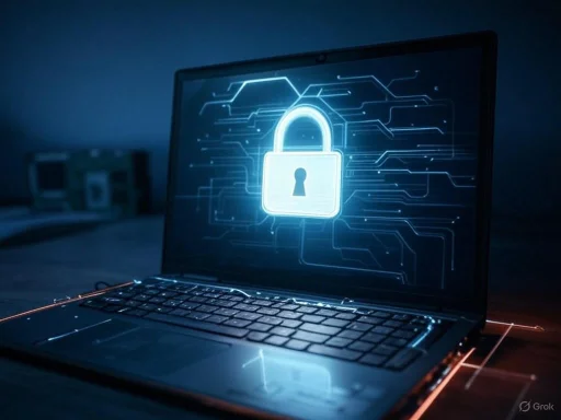 A laptop displays a digital lock icon, symbolizing cybersecurity and data protection.