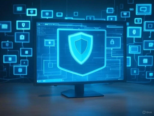 A digital security shield icon displayed on a computer monitor, surrounded by floating security symbols.