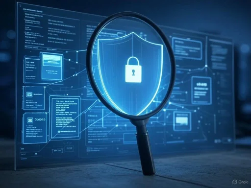 Magnifying glass highlighting a digital shield with a lock symbol, representing cybersecurity and data protection.
