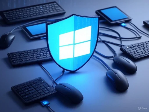 A shield with a Windows logo surrounded by keyboards, mice, and tablets, symbolizing cybersecurity for technology devices.