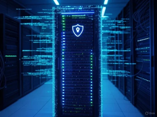 A digital security server with a shield icon in a data center, surrounded by blue glowing lines and codes. A digital security server with a shield icon in a data center, surrounded by blue glowing lines and codes.