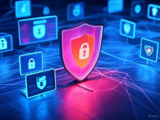 A digital security shield with a padlock at the center, surrounded by various lock icons on screens, symbolizing cybersecurity. A digital security shield with a padlock at the center, surrounded by various lock icons on screens, symbolizing cybersecurity.