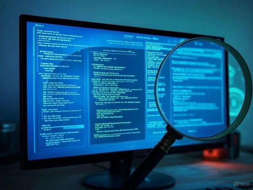 A computer monitor displaying code or data, with a magnifying glass focusing on the screen for detailed inspection. A computer monitor displaying code or data, with a magnifying glass focusing on the screen for detailed inspection.
