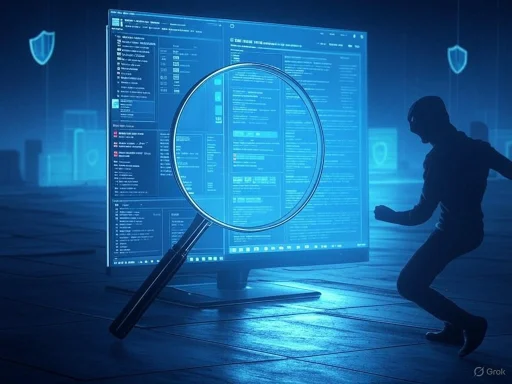 A person analyzes cybersecurity data on a large digital screen with a magnifying glass overlay.