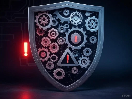 A shield embedded with interconnected gears displays warning exclamation marks and alerts, symbolizing cybersecurity threats.