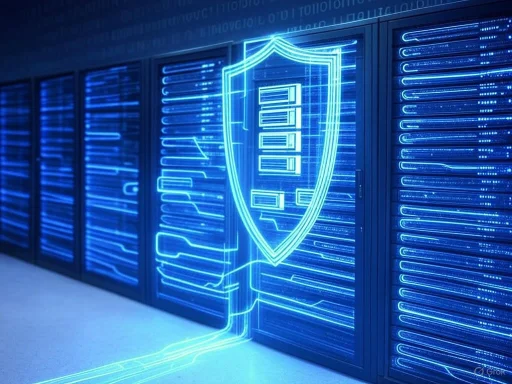 LED neon security shield and digital code overlay over server racks in a data center. LED neon security shield and digital code overlay over server racks in a data center.