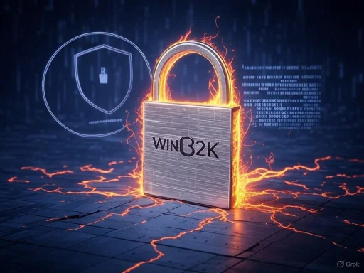A digital illustration of a padlock with the text 'WIN 32K,' surrounded by fiery sparks and digital elements, symbolizing cybersecurity or data protection.