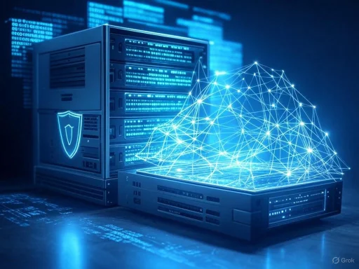 Digital data visualization emerging from servers, symbolizing cybersecurity and interconnected networks. Digital data visualization emerging from servers, symbolizing cybersecurity and interconnected networks.