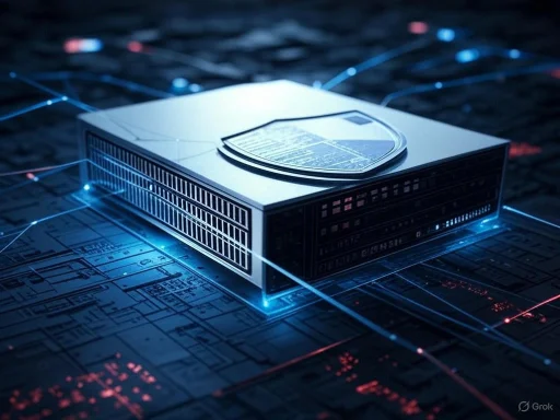 A futuristic digital illustration of a hard drive on a blueprint with glowing network lines.