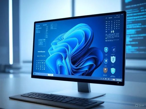 A modern desktop computer displaying a Windows 11 interface with security and app icons, on a sleek workspace.