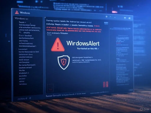A computer screen displays a warning message 'WindowsAlert' with an exclamation mark and shield icon, indicating a security alert.
