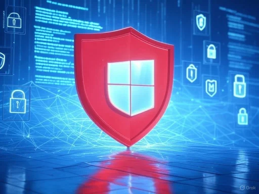 A digital illustration of a red shield with a Windows logo, symbolizing cybersecurity and protection against cyber threats.
