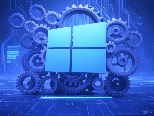 A digital illustration of the Windows logo surrounded by interlocking gears and circuit-like patterns, symbolizing technology and innovation.