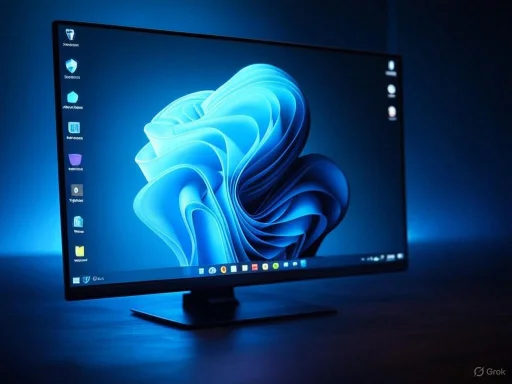 A sleek computer monitor displays the Windows 11 desktop against a dark background. A sleek computer monitor displays the Windows 11 desktop against a dark background.