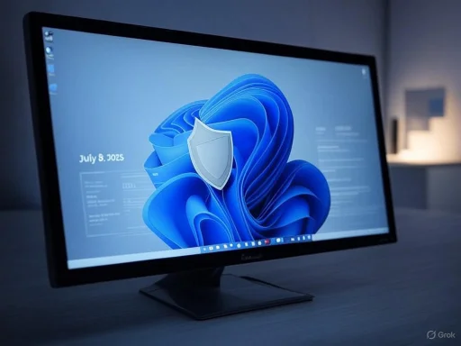 A computer monitor displays a Windows desktop with a shield icon, indicating security or protection.
