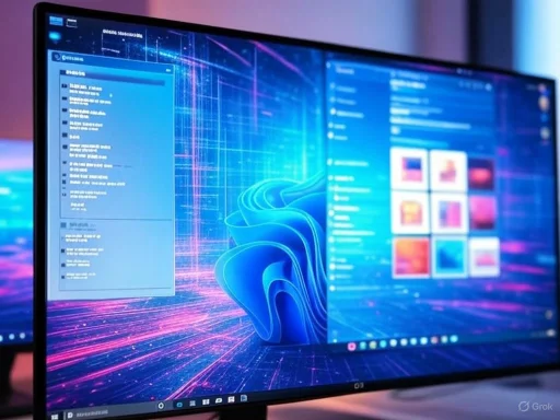 A dual monitor setup displays a futuristic digital interface with vibrant neon grid backgrounds and various applications open. A dual monitor setup displays a futuristic digital interface with vibrant neon grid backgrounds and various applications open.