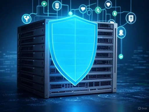 A server rack with a digital shield overlay symbolizing cybersecurity and data protection.