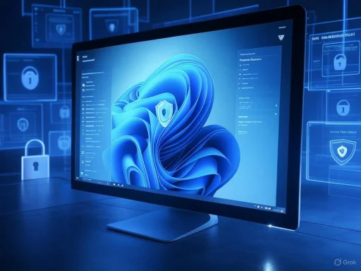 A computer monitor displays a digital security-themed interface with lock and shield icons, surrounded by virtual security graphics.