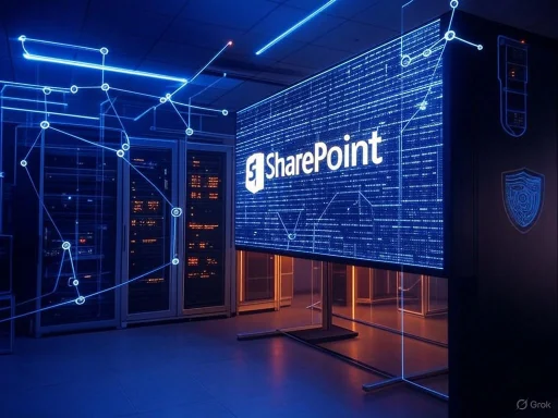 A high-tech data center featuring a large digital screen displaying the SharePoint logo surrounded by futuristic blue digital network graphics.