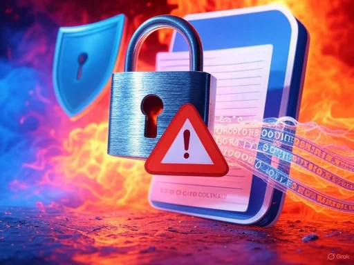 Digital security breach warning with padlock, shield, and warning symbols amid flames and binary code. Digital security breach warning with padlock, shield, and warning symbols amid flames and binary code.