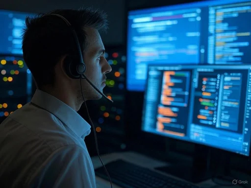 A man wearing a headset monitors cybersecurity data on multiple computer screens in a dark room.