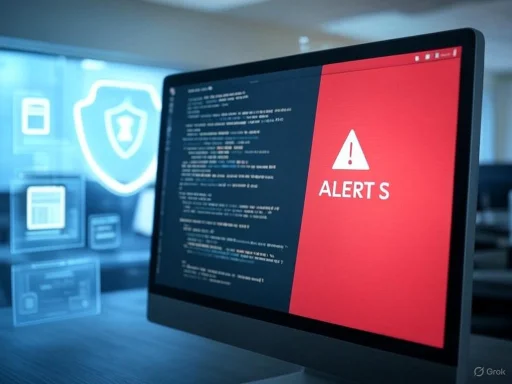 A computer screen displays a red alert warning with an exclamation mark, indicating a security or system alert.