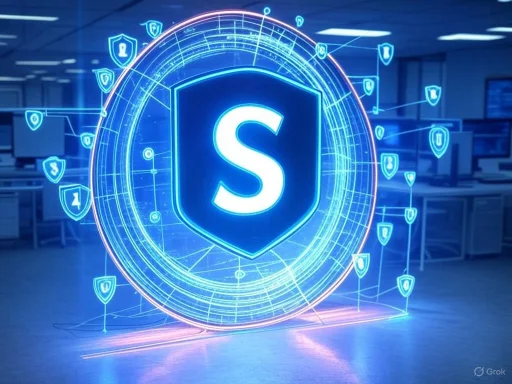A digital visualization of cybersecurity shield icons surrounding a central 'S' symbol in a modern office setting.