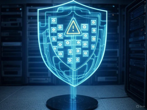 A digital holographic shield with security icons and an alert symbol, displayed in a data center setting. A digital holographic shield with security icons and an alert symbol, displayed in a data center setting.