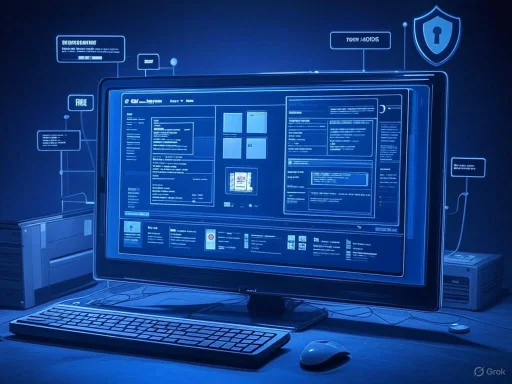 A computer workstation featuring a large screen displaying cybersecurity and data protection interfaces, with a keyboard and mouse.
