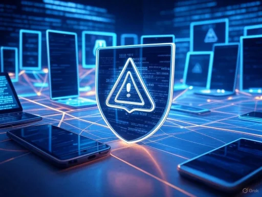 A digital security warning symbol on a shield surrounded by multiple smartphones and screens in a networked environment. A digital security warning symbol on a shield surrounded by multiple smartphones and screens in a networked environment.
