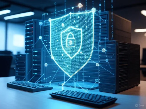 Digital security concept with a holographic shield and lock display over servers and keyboards. Digital security concept with a holographic shield and lock display over servers and keyboards.