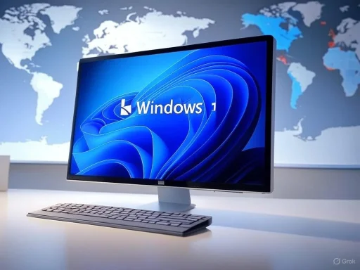 A computer monitor displays the Windows 11 logo with a world map in the background.