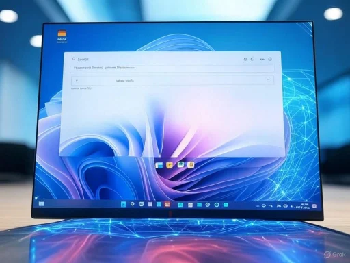 A transparent digital hologram of a laptop projected over a reflective surface with digital network patterns.