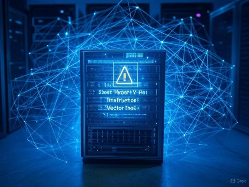 A server cabinet with a warning message, surrounded by a digital network of interconnected blue lines and nodes. A server cabinet with a warning message, surrounded by a digital network of interconnected blue lines and nodes.